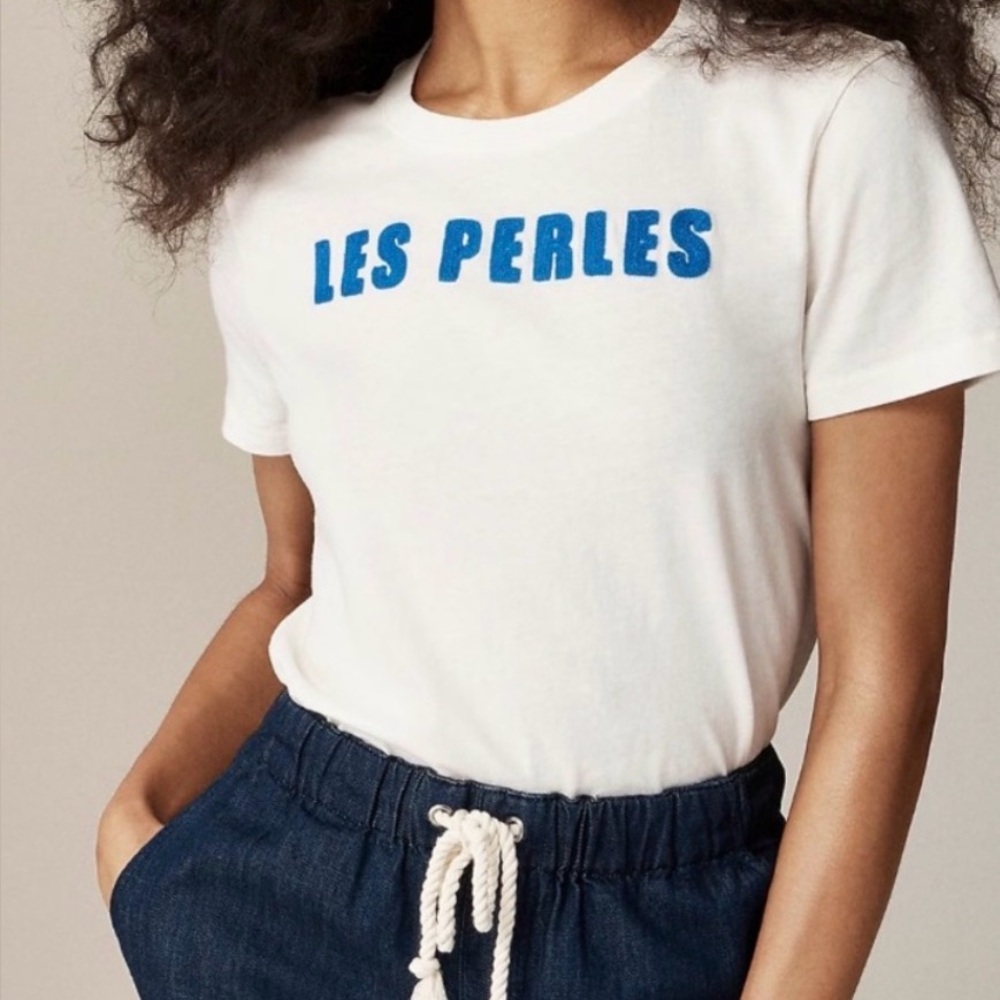 J.Crew “Les Perles” Graphic T-Shirt Ivory Cream Size Medium NWOT Pit-to-Pit 19”